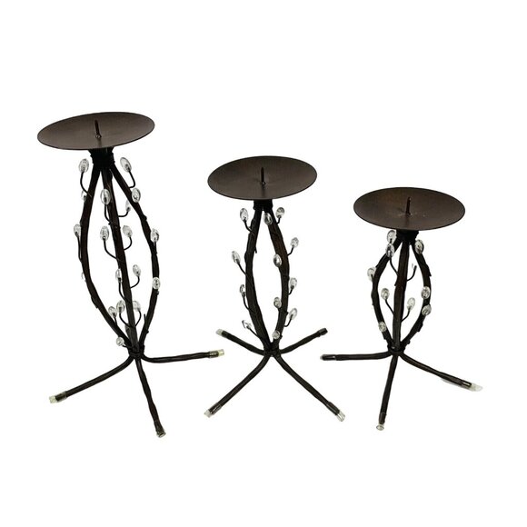 Trio Of Decorative Iron Candle Holders Metalware Brown Clear Teardrops Elements - Picture 2 of 11